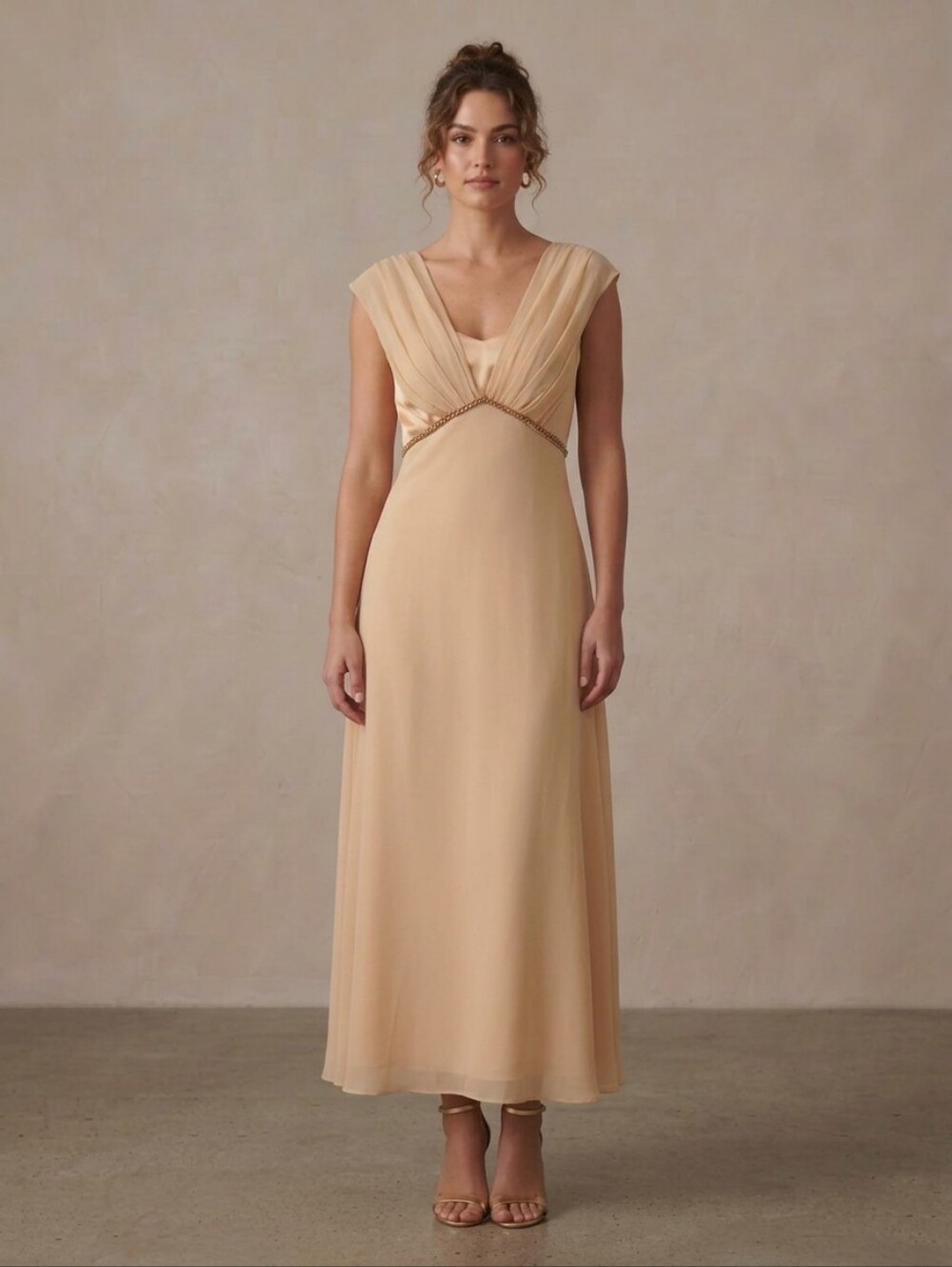 Women's Beige And Gold Chiffon Satin Floor Length Evening Gown Medium